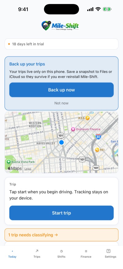 Mile-Shift Today screen — start a trip, back up locally, tracking stays on your device
