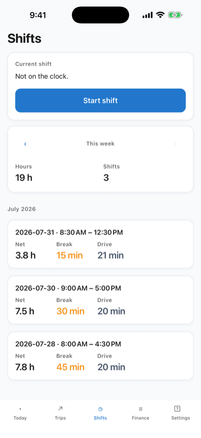 Mile-Shift Shifts screen — weekly hours, per-shift net time, breaks, and drive time