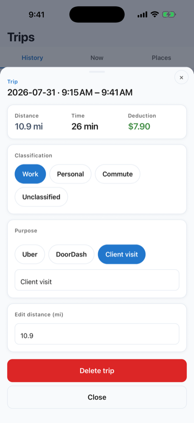 Mile-Shift trip detail — 10.9 miles, $7.90 deduction, classified as Work with a purpose tag